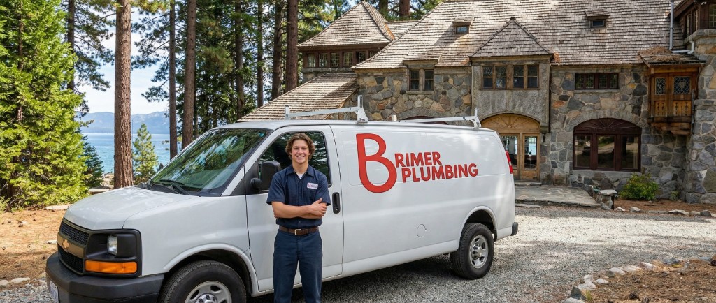 Brimer Plumbing service van and technician in front of a high-end mountain home.