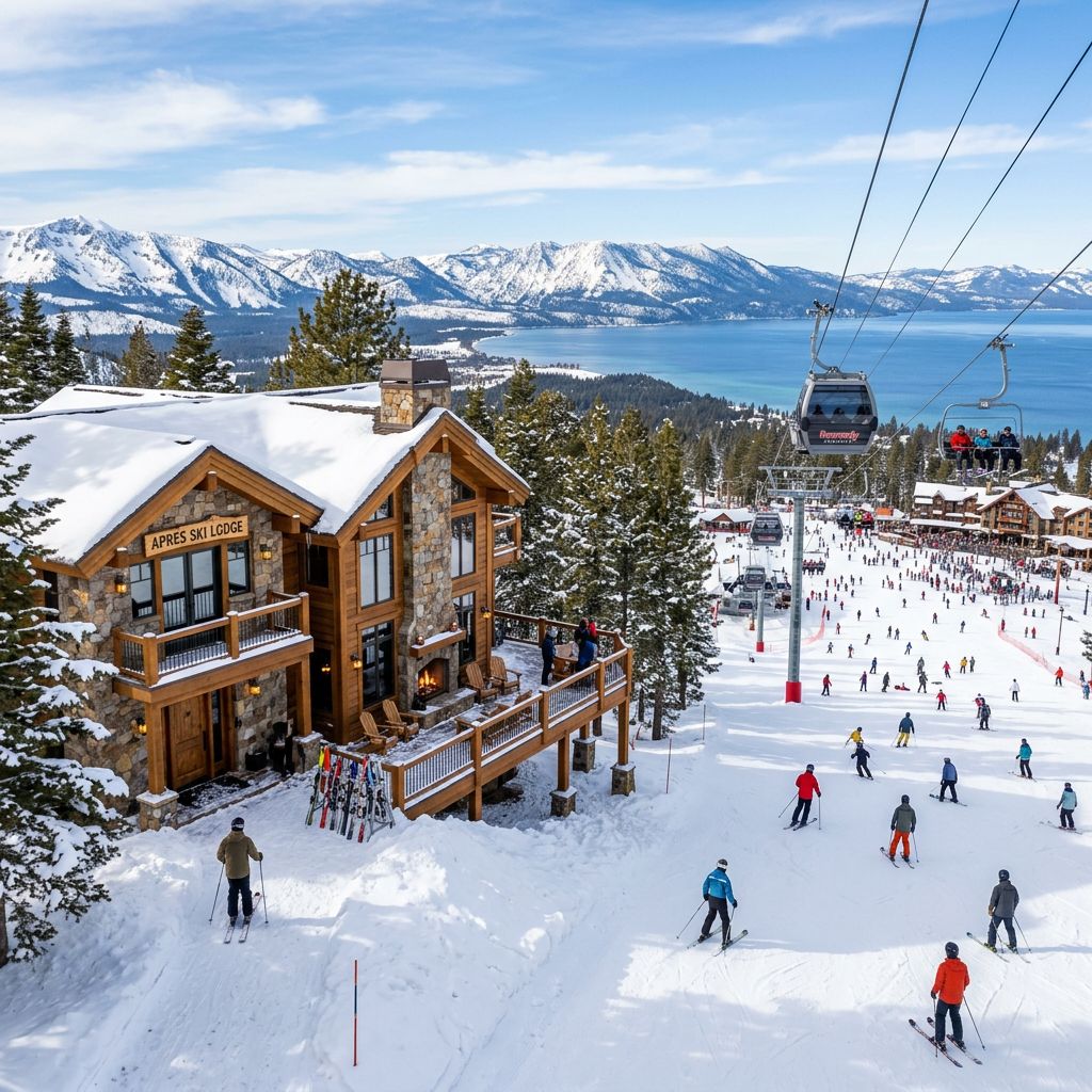 Modern mountain residence exterior with large windows and warm evening lighting.