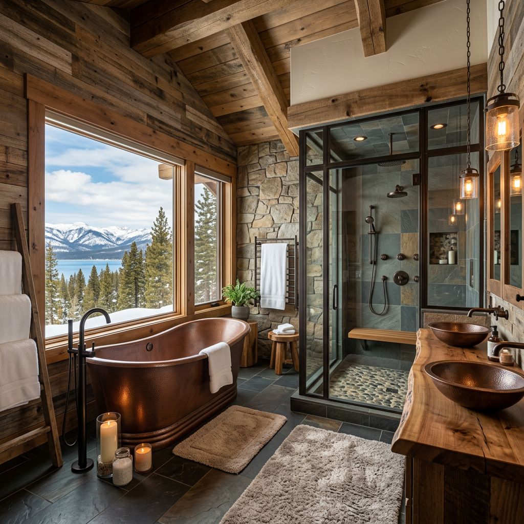 Luxury steam shower with natural stone walls and brass trim.